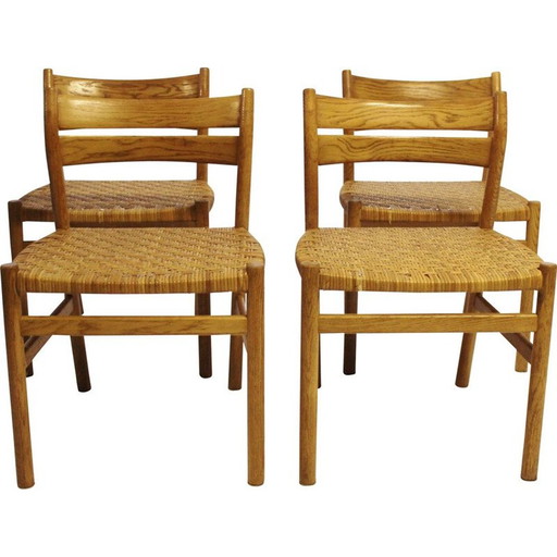 Ensemble vintage de 4 chaises danoises de salle à manger en chêne et assise en corde de papier, années 1960.