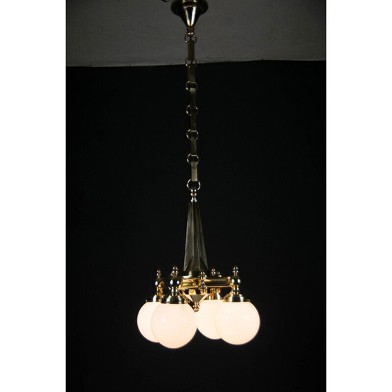 Image 1 of Lustre vintage art déco en laiton à 4 flammes, 1920