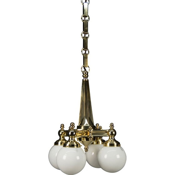 Image 1 of Lustre vintage art déco en laiton à 4 flammes, 1920