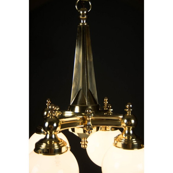 Image 1 of Lustre vintage art déco en laiton à 4 flammes, 1920