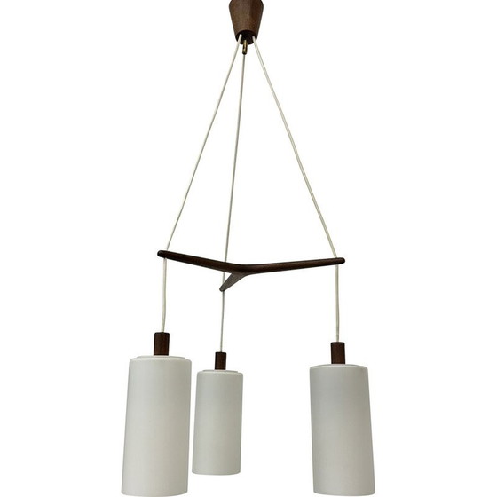Image 1 of Lampe suspendue du milieu du siècle en teck et verre opalin, années 1970.