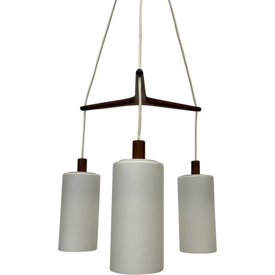 Image 1 of Lampe suspendue du milieu du siècle en teck et verre opalin, années 1970.