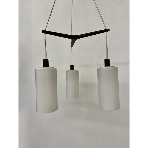 Image 1 of Lampe suspendue du milieu du siècle en teck et verre opalin, années 1970.