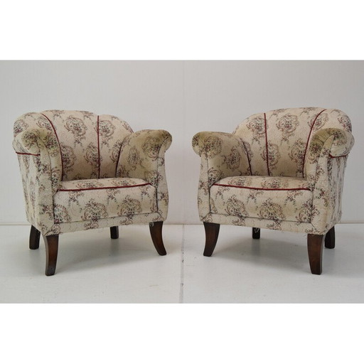 Paire de fauteuils vintage en tissu et bois, Tchécoslovaquie 1950