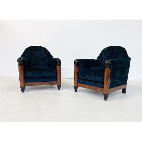 Image 1 of Paire de fauteuils hongrois vintage en velours bleu, années 1920