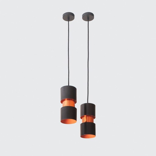 Paire de lampes suspendues Tubular Duo en métal laqué et cuivre par Jo Hammerborg pour Fog & Mørup, Danemark