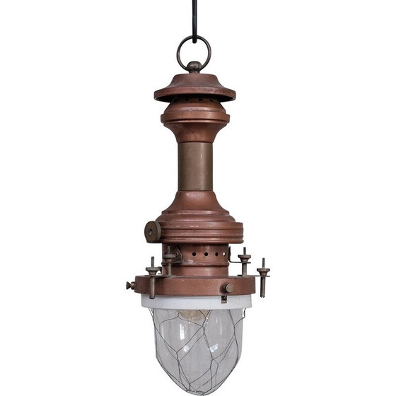 Image 1 of Lampe suspendue industrielle vintage en cuivre, laiton et verre, France années 1930