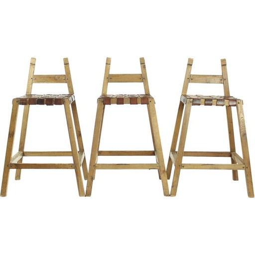 Tabourets de bar vintage en bois et cuir, Tchécoslovaquie années 1950