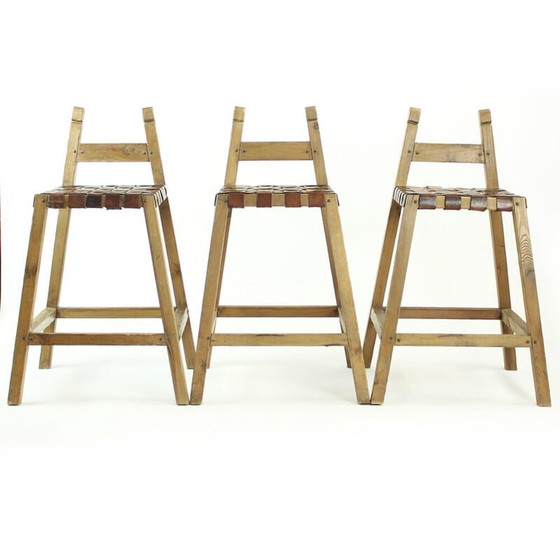 Image 1 of Tabourets de bar vintage en bois et cuir, Tchécoslovaquie années 1950