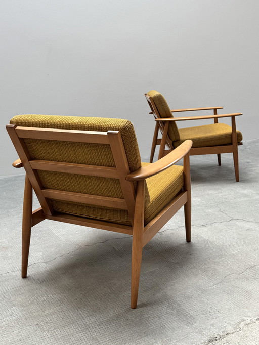 Lot de 2 fauteuils Midcentury Scandinavie bois tissé 1960s