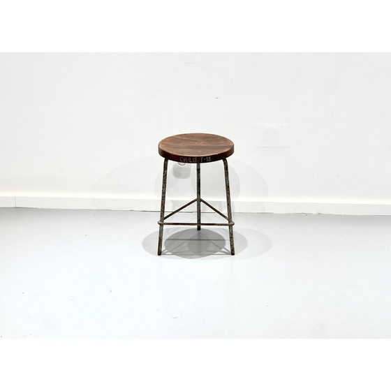 Image 1 of Tabouret vintage en fer et teck de Pierre Jeanneret, 1960