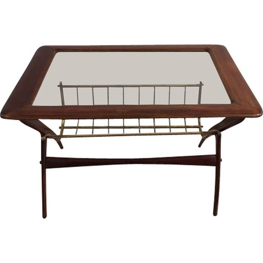 Table basse vintage avec porte-revues en laiton doré, Italie 1960