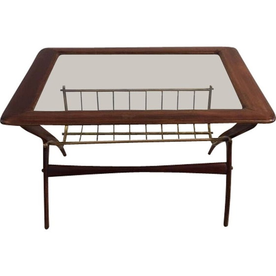 Image 1 of Table basse vintage avec porte-revues en laiton doré, Italie 1960