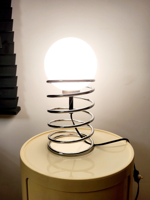 Lampe vintage à spirale ou à ressort, Woja, chrome et ampoule opaline, Pays-Bas, années 1970