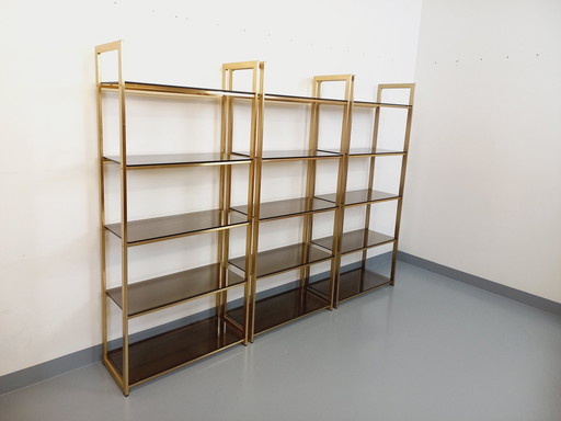 Bibliothèque Étagères Artelano Vintage en Métal Doré et Verre Fumé des Années 70, 3 Parties Indépendantes