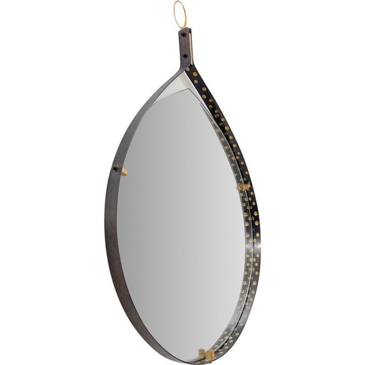 Miroir vintage en forme de goutte en laiton et acier, Italie 1970