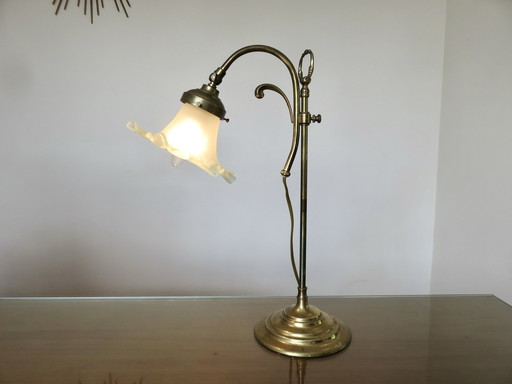 Lampe Art Nouveau En Bronze Et Verre Dépoli, France, 1970