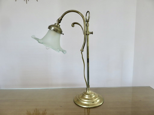 Lampe Art Nouveau En Bronze Et Verre Dépoli, France, 1970