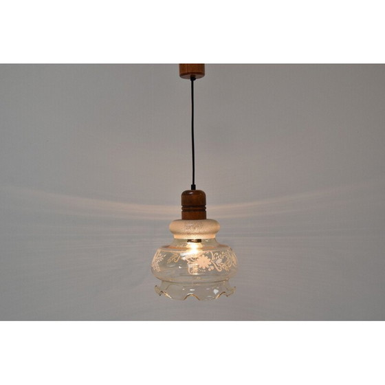Image 1 of Lampe suspendue vintage en verre et bois, Tchécoslovaquie 1970