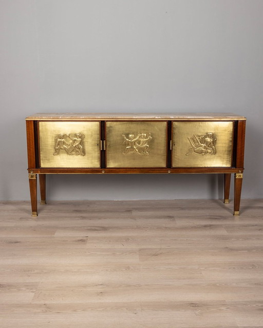 Buffet Vintage 1940S en bois avec marbre et laiton Bas-Reliefs Italian Design