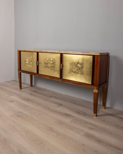Buffet Vintage 1940S en bois avec marbre et laiton Bas-Reliefs Italian Design