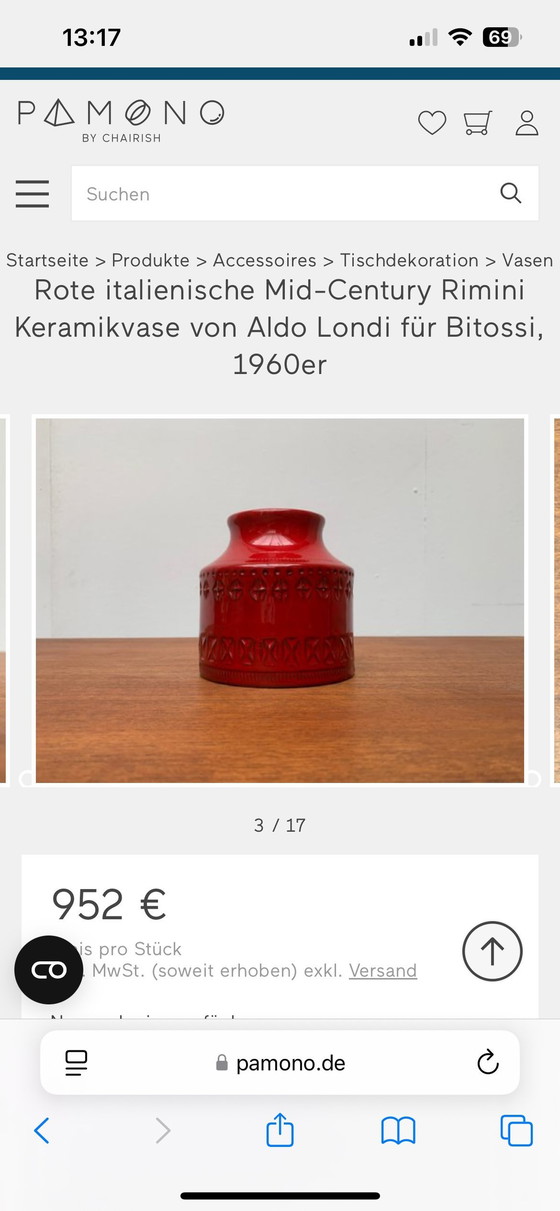 Image 1 of Bitossi Design Aldo Londi Rimini Vase Série Rouge Rare