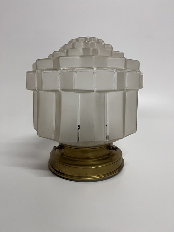 Image 1 of Plafonnier Skyscraper Vintage Art Deco Stepped Shade Frosted Glass Brass Fixture