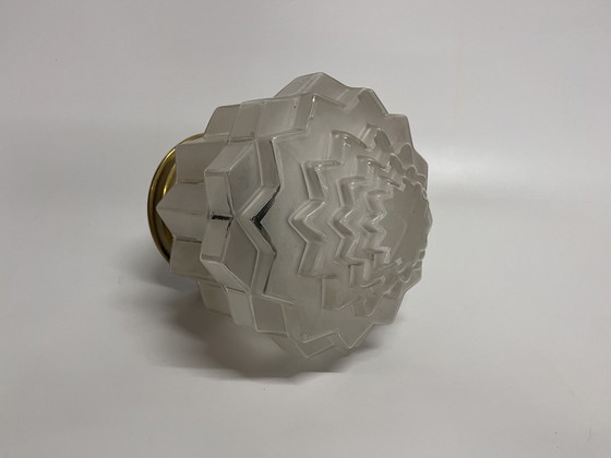 Image 1 of Plafonnier Skyscraper Vintage Art Deco Stepped Shade Frosted Glass Brass Fixture