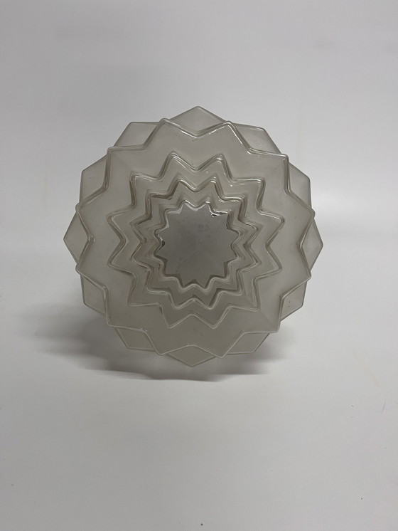 Image 1 of Plafonnier Skyscraper Vintage Art Deco Stepped Shade Frosted Glass Brass Fixture