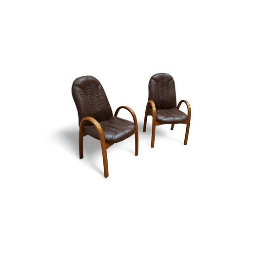 Paire de fauteuils vintage en chêne massif et simili cuir, 1970