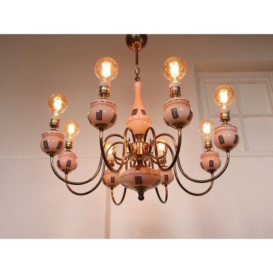 Image 1 of Lustre en laiton et verre du Mid Century