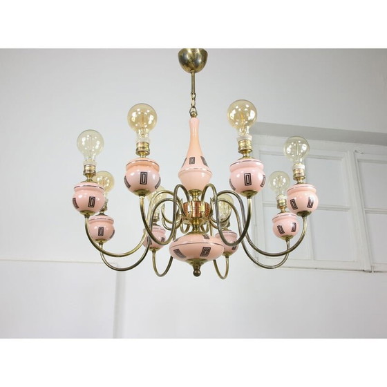 Image 1 of Lustre en laiton et verre du Mid Century