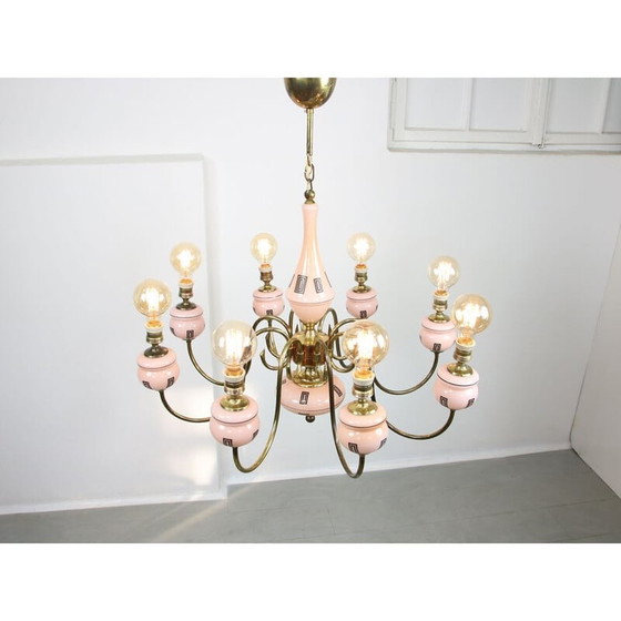 Image 1 of Lustre en laiton et verre du Mid Century