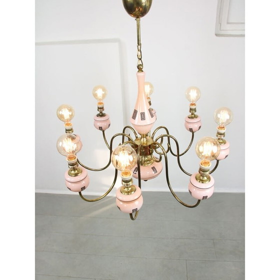 Image 1 of Lustre en laiton et verre du Mid Century