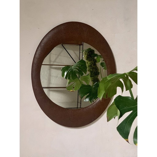 Miroir mural vintage en bois recouvert de faux cuir marron, 1970