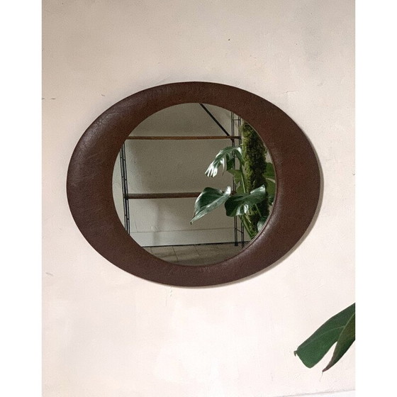 Image 1 of Miroir mural vintage en bois recouvert de faux cuir marron, 1970