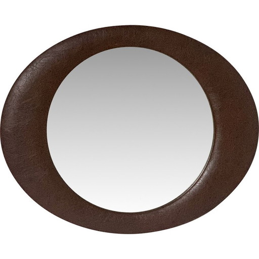 Miroir mural vintage en bois recouvert de faux cuir marron, 1970