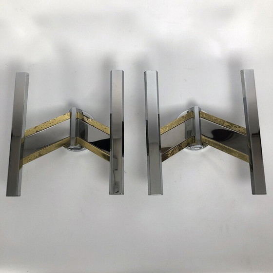 Image 1 of Paire d'appliques Sciolari vintage en laiton et chrome, 1970