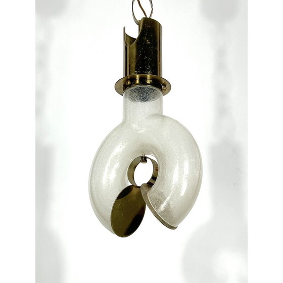 Image 1 of Lustre vintage en laiton et pulegoso par Carlo Nason pour Mazzega, Italie 1970