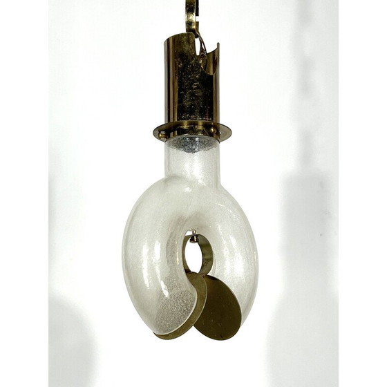 Image 1 of Lustre vintage en laiton et pulegoso par Carlo Nason pour Mazzega, Italie 1970