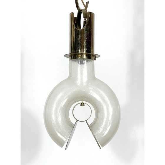 Image 1 of Lustre vintage en laiton et pulegoso par Carlo Nason pour Mazzega, Italie 1970