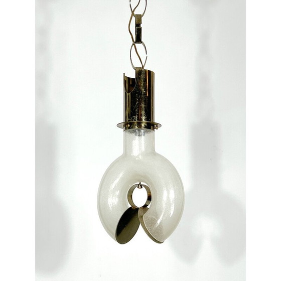 Image 1 of Lustre vintage en laiton et pulegoso par Carlo Nason pour Mazzega, Italie 1970