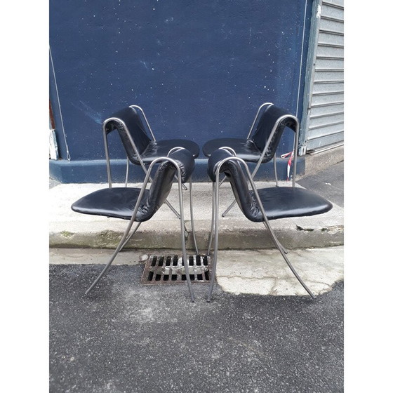 Image 1 of ensemble de 4 chaises design italiennes vintage en chrome et cuir 70