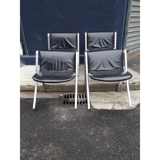 Image 1 of ensemble de 4 chaises design italiennes vintage en chrome et cuir 70