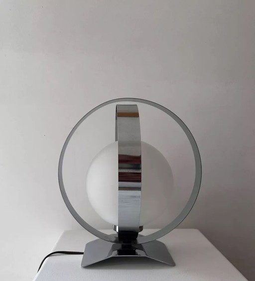 Lampe De Table Vintage, Chrome Et Opaline, France 1970