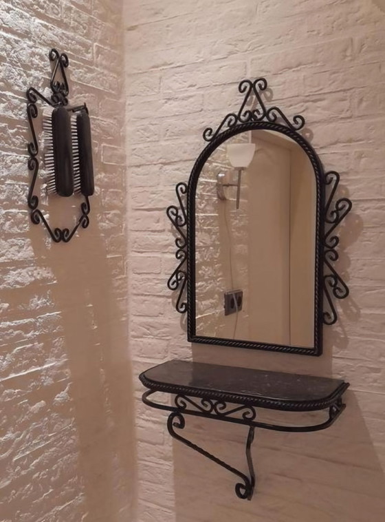Ensemble d'entrée en fer forgé noir brutaliste, 5 pièces : porte-manteau, miroir, console avec dessus en (photo 7 of 7)