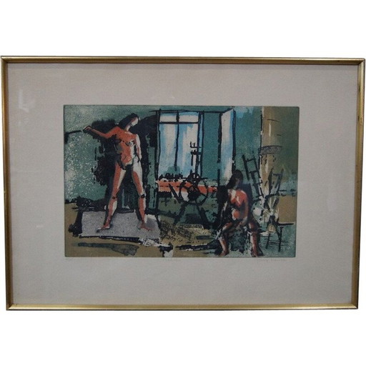 Gravure scandinave vintage signée à la main par Josef Schibli, Suède 1970