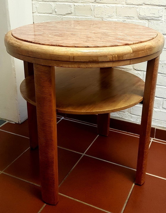 Image 1 of Table d'appoint Art Déco en bois de racine avec plateau en marbre
