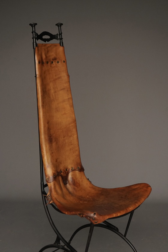 Image 1 of Chaise d'appoint en fer et cuir par Sido et François Thévenin, 1970