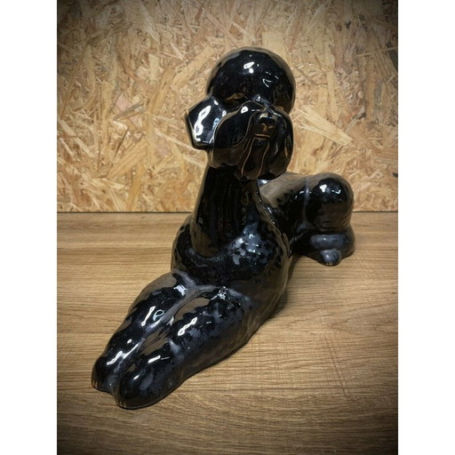 Caniche vintage en faïence noire, 1950-1960
